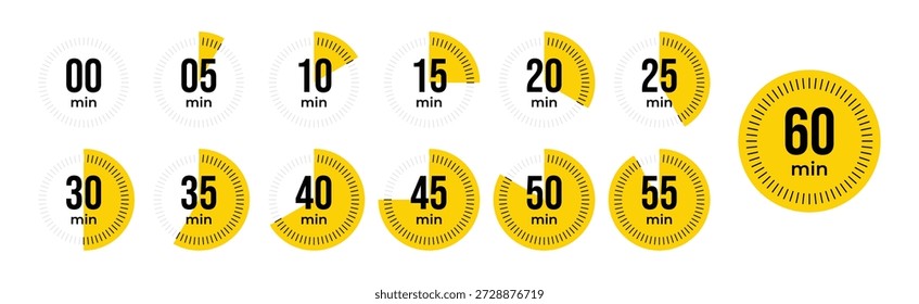 Minute Timer, clock, stopwatch, Countdown timer, cooking time icon set. 0, 5, 10, 15, 20, 25, 30, 35, 40, 45, 50, 55, 60 minute dial. Yellow color isolated set, symbol. Vector illustration