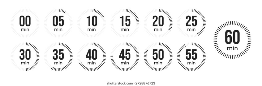 Minute Timer, relógio, cronômetro, cronômetro de contagem regressiva, ícone de tempo de cozimento definido. 0, 5, 10, 15, 20, 25, 30, 35, 40, 45, 50, 55, discagem de 60 minutos. Conjunto isolado da cor de fundo, símbolo. Ilustração vetorial
