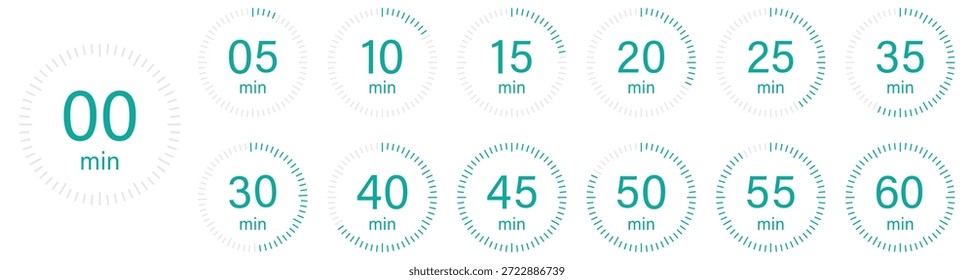  Minuto Temporizador, relógio, cronômetro ícone vetor set. 0, 5, 10, 15, 20, 25, 30, 35, 40, 45, 50, 55, 60 min relógio ícone vetor. Temporizador de contagem regressiva, cozinhando temporizador ícone relógio conjunto. ilustração vetorial.