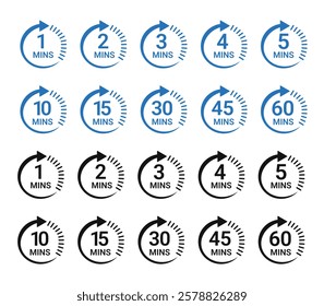 Minute timer icon collection with 1min, 2min, 3min, 4min, 5min, 10min, 15min, 30min, 45min, 60min vector logotype style in blue and black color.