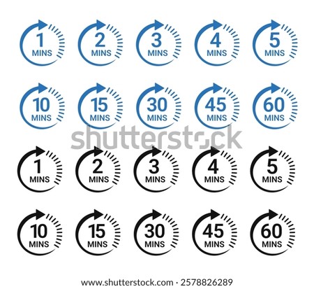 Minute timer icon collection with 1min, 2min, 3min, 4min, 5min, 10min, 15min, 30min, 45min, 60min vector logotype style in blue and black color.