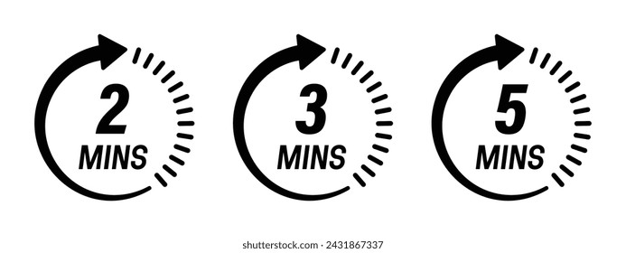 Minute timer icon collection with 2 mins, 3 mins and 5 mins vector logotype style in black and white color - Vector Icon