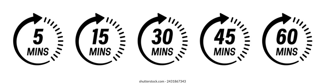 Minute timer icon collection with 5,15, 30, 45 and 60 mins vector logotype countdown stickers template designs - Vector Icons