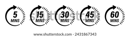 Minute timer icon collection with 5,15, 30, 45 and 60 mins vector logotype countdown stickers template designs - Vector Icons