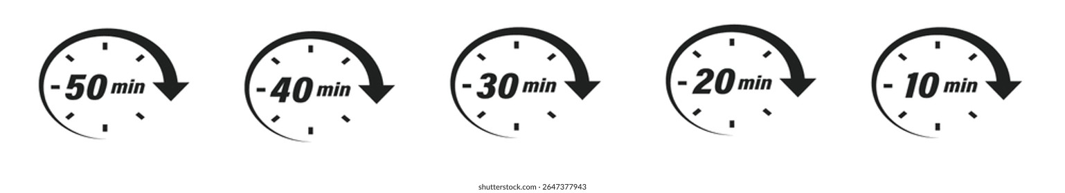 Coleção de ícones de timer de minutos. Relógio de ponto vetorial ou cronômetro ajustado em fundo branco.