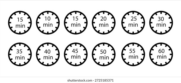 Um ícone de temporizador de minuto sobre um fundo branco. Um cronômetro com setas de 5 minutos a 60 minutos. Intervalo de tempo Ilustração vetorial.