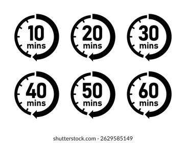 Ícone de temporizador de minutos definido com vetor de logotipos de 10, 20, 30, 40, 50 e 60 minutos em preto e branco. Temporizador, contagem regressiva, relógio, cronômetro vetor em preto e branco. Estilo plano.