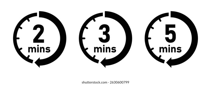 Minute timer icon set with 2, 3 and 5 minutes vector logotype style isolated clock collection in black color. Timer, countdown, clock, stopwatch vector flat style.