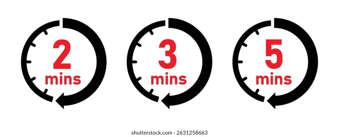 Minute timer icon set with 2, 3, 5 minutes clock vector in red and black color. Flat timer, countdown, clock, stopwatch signs.