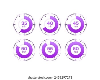 Minute Timer Icon Set. 35, 45, 60 minutes timer icons. Flat Style. Vector icons