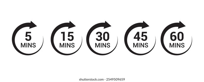 Ícones do temporizador de minutos configurados. sinais pretos cronômetro, cronômetro de contagem regressiva mostrando minutos. Prazo ou recomendado, medição para cozinhar. contador de tempo. Ilustração vetorial,