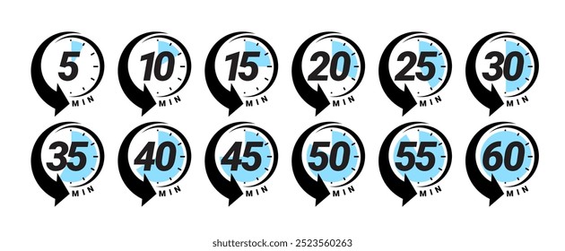 Minute timer icons set. Color signs chronometer, time counter. Countdown timer showing minutes. Deadline or recommended, measurement for cooking. Vector illustration