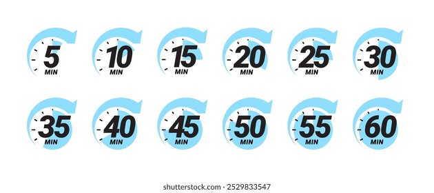 Minute timer icons set. Color signs chronometer, time counter. Countdown timer showing minutes. Deadline or recommended, measurement for cooking. Vector illustration