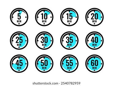 Minute timer icons set. Color signs chronometer, time counter. Countdown timer showing minutes. Deadline or recommended, measurement for cooking. Vector illustration