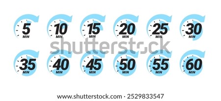 Minute timer icons set. Color signs chronometer, time counter. Countdown timer showing minutes. Deadline or recommended, measurement for cooking. Vector illustration
