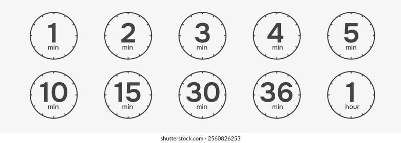 Minute timer icons set.  The indicates limited cooking time or deadline for an event or task. Vector illustration