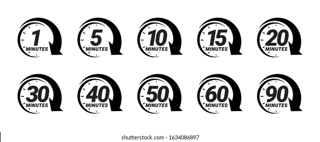 Minute timer icons set. Icons for one minute, five, ten, fifteen or more minutes. The arrow indicates the limited cooking time or deadline for an event or task. Vector illustration