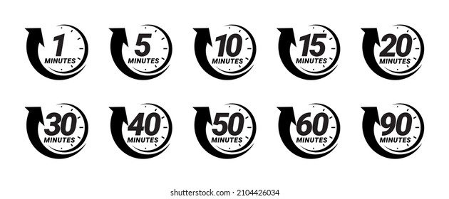 Minute timer icons set. Icons for one minute, five, ten, fifteen or more minutes. The arrow indicates the limited cooking time or deadline for an event or task. Vector illustration