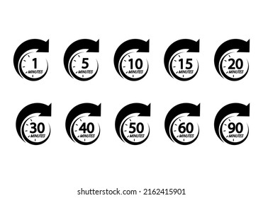 Minute timer icons set. Icons for one minute, five, ten, fifteen or more minutes. The arrow indicates the limited cooking time or deadline for an event or task. Vector illustration