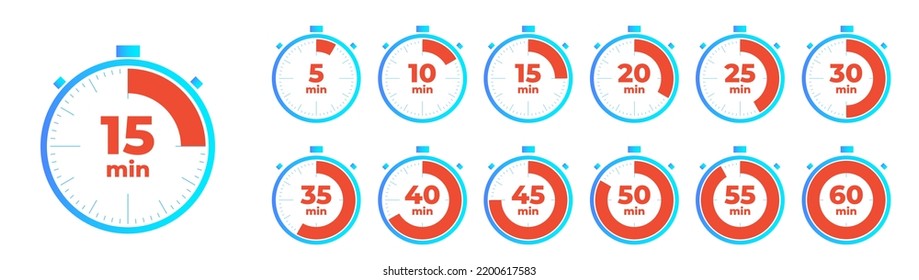 Minute timer icons set. Icons for one minute, five, ten, fifteen or more minutes. The arrow indicates the limited cooking time or deadline for an event or task. Vector illustration.