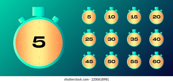 Minute timer icons set. Icons for one minute, five, ten, fifteen or more minutes. The arrow indicates the limited cooking time or deadline for an event or task. Vector illustration.