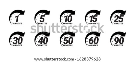 Minute timer icons set. Icons for one minute, five, ten, fifteen or more minutes. The arrow indicates the limited cooking time or deadline for an event or task. Vector illustration