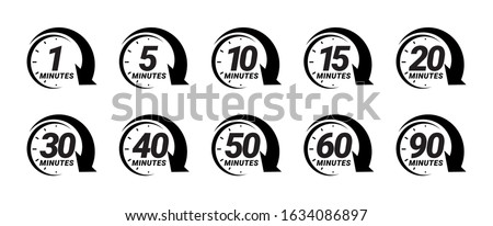 Minute timer icons set. Icons for one minute, five, ten, fifteen or more minutes. The arrow indicates the limited cooking time or deadline for an event or task. Vector illustration