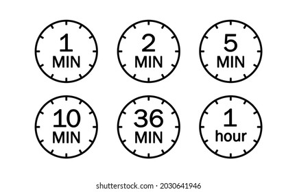 Minute timer icons set. Symbol for one minute, two, five, ten, 36 minutes and 1 hour. The indicates the limited cooking time or deadline for an event or task. Countdown vector illustration