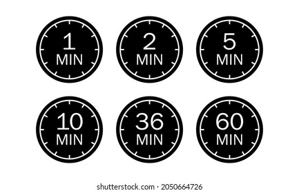 Minute Timer Icons Set. Symbol For 1 Minute, 2, 5, 10, 36 Minutes And 1 Hour. The Indicates The Limited Cooking Time Or Deadline For An Event Or Task. Countdown Vector Illustration