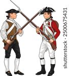 Minuteman and British Soldier from American Revolutionary War Clashing Each Others Weapons, Illustration Isolated on White Background, EPS 10 Vector