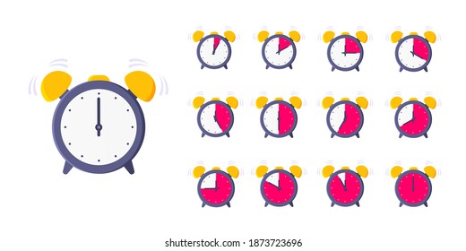 Minutes countdown on analog clock face flat style design vector illustration icon sign set isolated on white background. Analogue wall clock minutes time management business concept.