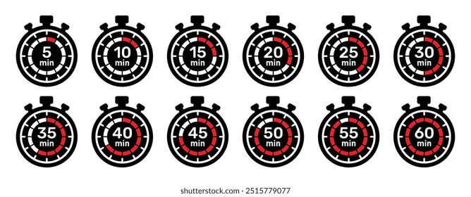 Colección de iconos de cronómetro de minutos y segundo temporizador con 0 min a 60 min. Conjunto de concepto de contador de tiempo de 5 minutos de cronómetros, temporizador. Nuevos relojes de logotipo en color negro y rojo - Ilustración vectorial