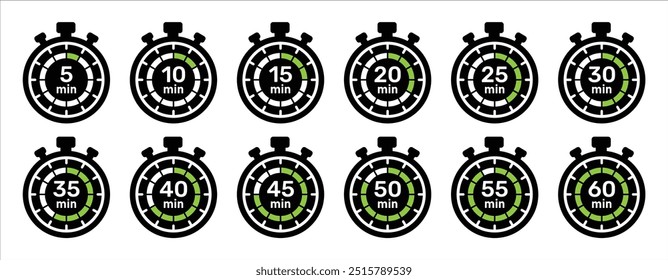 Minutes and second timer stopwatch icon collection with 0 min to 60 min. 5-minute time counter concept set of stopwatches, timer. New logotype clocks in black and green- Vector Illustration.