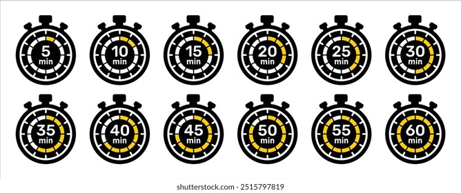 Minutos e segundo cronômetro cronômetro ícone coleção com 0 min a 60 min. Conjunto de conceito de contador de tempo de 5 minutos de cronômetros, temporizador. Novo logotipo relógios em preto e amarelo- Ilustração de vetor.