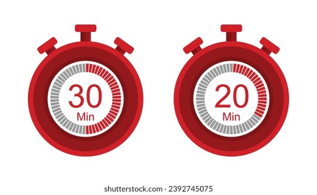 Minutes, stopwatch vector icon. Stopwatch icon in flat style, 30 minutes timer on on color background. Vector stock illustration