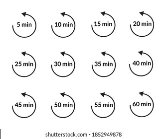Minutes Timer mit Pfeil-Symbolen gesetzt. Von 5 bis 60 Minuten beim Kochen Symbol einzeln auf Weiß