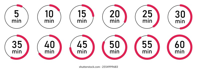 Minutes timer and clock vector icons set in red color isolated. Timer logo. Stopwatch signs. Minutes counting collection. 5, 10, 15, 20, 25, 30, 35, 40, 50, 60 minutes vector illustration.