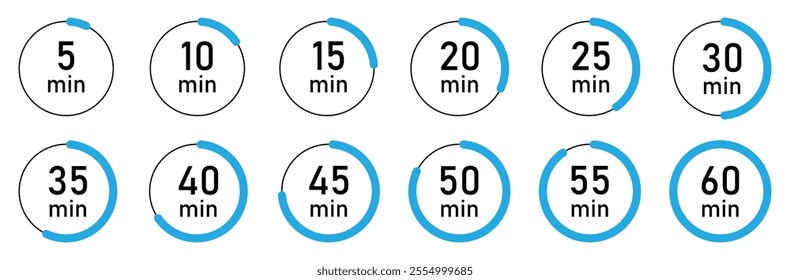 Minutes timer and clock vector icons set in blue color isolated. Timer logo. Stopwatch signs. Minutes counting collection. 5, 10, 15, 20, 25, 30, 35, 40, 50, 60 minutes vector illustration.