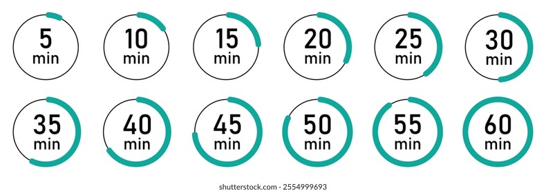 Minutes timer and clock vector icons set in green color isolated. Timer logo. Stopwatch signs. Minutes counting collection. 5, 10, 15, 20, 25, 30, 35, 40, 50, 60 minutes vector illustration.