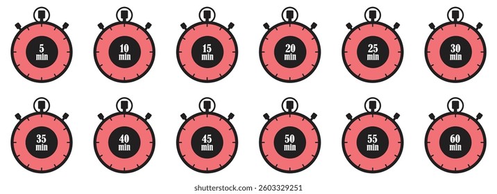 Minutes timer icon collection set with 5 10 15 20 25 30 35 40 45 50 55 and 60 minutes. Countdown timer icon collection. Kitchen timer with minute labels. Set of timer and stopwatch.Vector illustration