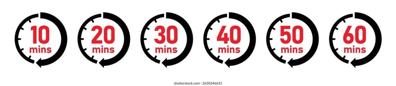 Ícone de temporizador de minutos definido com 10, 20, 30, 40, 50, 60 minutos relógio temporizador em preto e vermelho. Ilustração vetorial