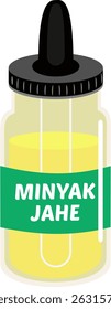 Minyak Jahe jarra vidro conta-gotas cheio de óleo de gengibre, rotulado como Minyak Jahe para uso culinário