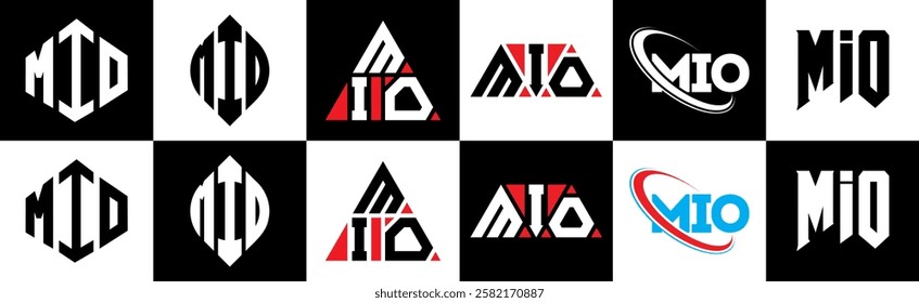 MIO letter logo design in six style. MIO polygon, circle, triangle, hexagon, flat and simple style with black and white color variation letter logo set in one artboard. MIO minimalist and classic logo