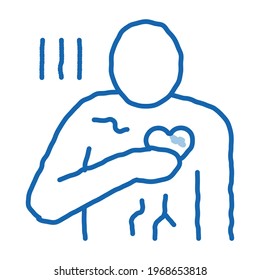 infarto miocárdico, vector del icono de esbozo de ataque cardíaco. Infarto miocárdico de arte de la línea de doodle azul dibujado a mano, signo de ataque al corazón. ilustración de símbolo aislado