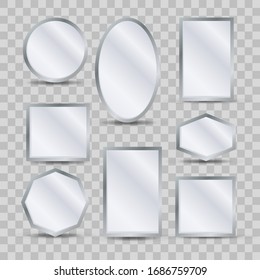 Miorror decorative reflections. Vector decor miorrors isolated on transparent, clean fashion mirroring surfaces objects simple furniture, ellipse and rectangle cosmetic and interior