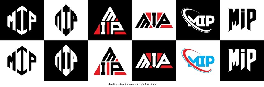 MIP letter logo design in six style. MIP polygon, circle, triangle, hexagon, flat and simple style with black and white color variation letter logo set in one artboard. MIP minimalist and classic logo