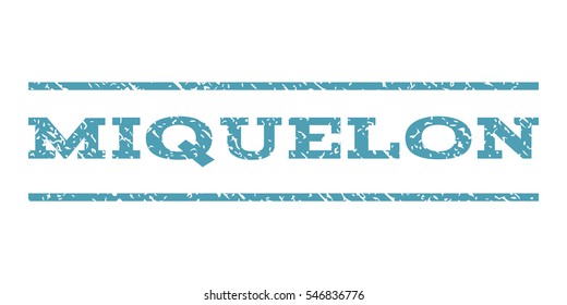 Miquelon watermark stamp. Text caption between horizontal parallel lines with grunge design style. Rubber seal stamp with scratched texture. Vector cyan color ink imprint on a white background.