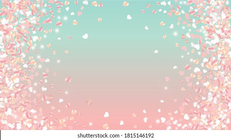 Miracle Background with Confetti of Hearts Glitter Particles. St. Valentine Day. Anniversary pattern. Light Spots. Explosion of Confetti. Glitter Vector Illustration. Design for Template.