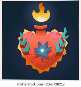 Miracle flaming heart - religious symbol of love in Mexican culture. Vector illustration