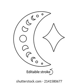 Miracle linear logo with moon and sparkle. Boho emblem. Bohemian sign. Elegant minimal badge for company branding. Editable stroke. Isolated vector stock illustration